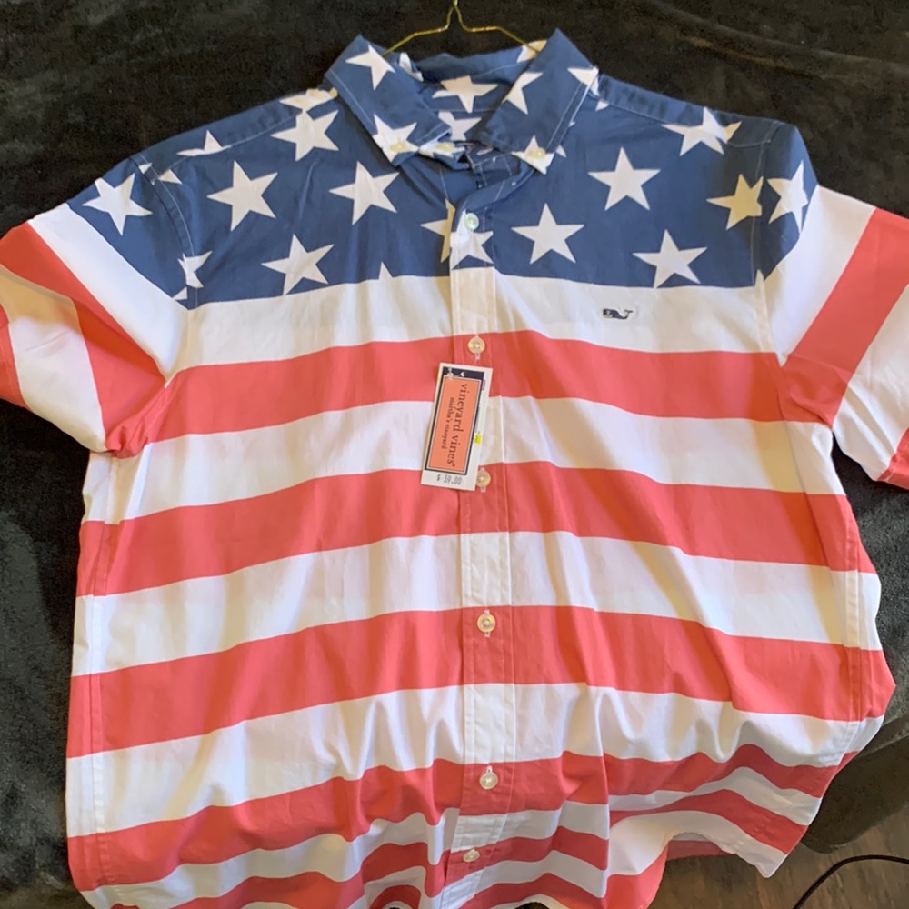 Mens USA Flag Short Sleeve Button Down